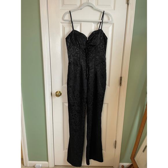 PrettyLittleThing Black Jacquard Satin Lace Up Corset Jumpsuit Size 12 Romantic - Picture 4 of 12